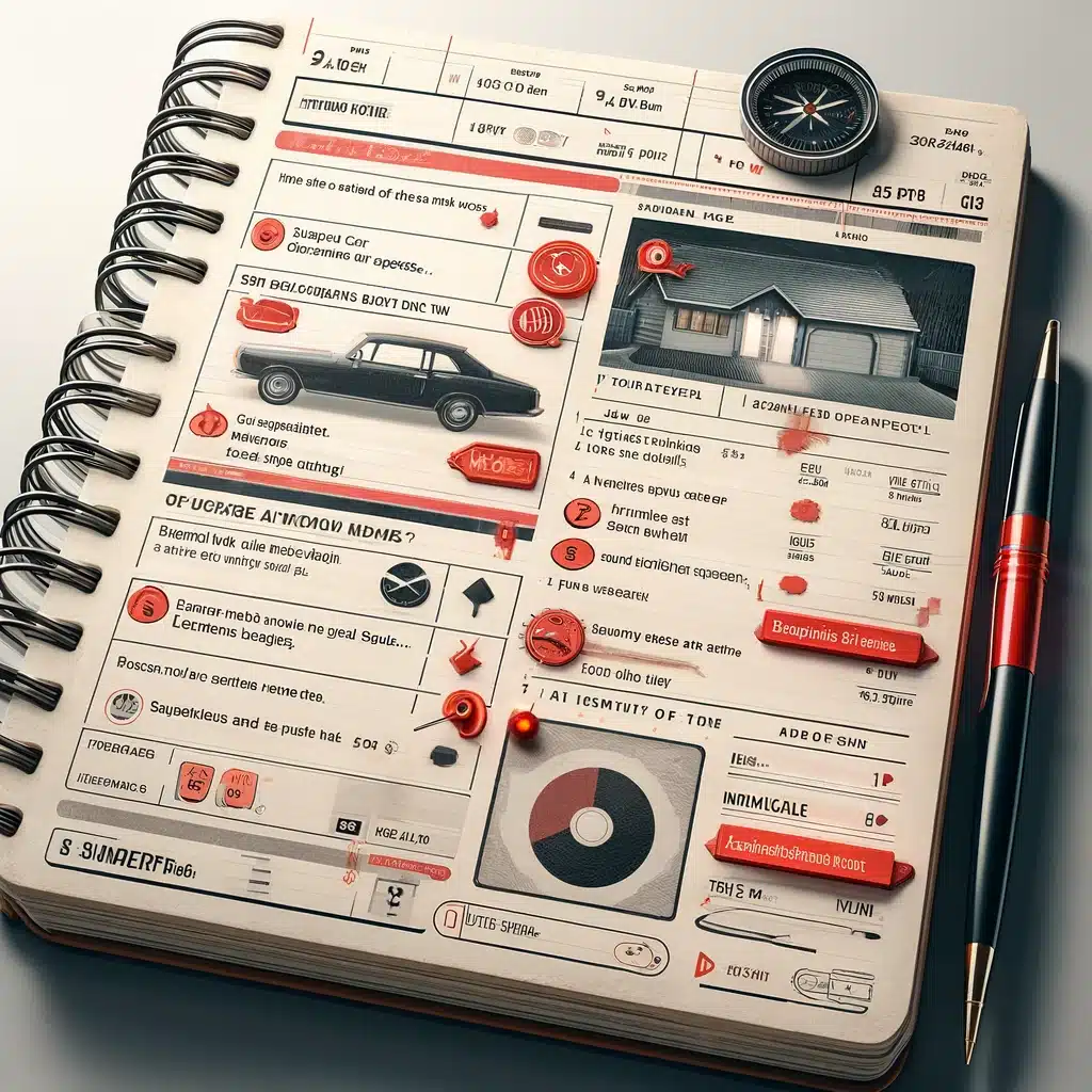 A detailed image of an open notebook with realistic 3D illustrations of various objects, including a car, compass, pen, and elements resembling audio equipment, arranged in a meticulously organized layout.