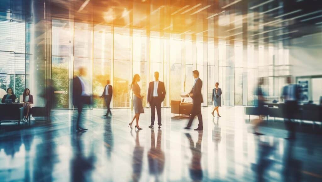 Busy corporate office scene with professionals walking and talking in a modern business environment with glass walls and reflections.