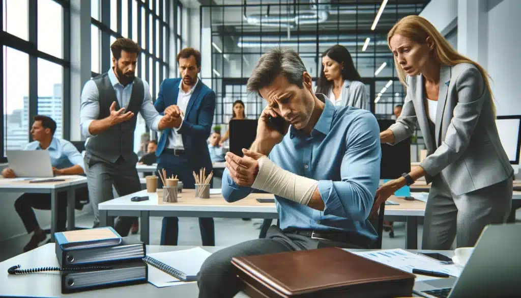 Corporate office emergency with a middle-aged Caucasian man experiencing a wrist injury at his desk, while colleagues assist and one calls for medical help.