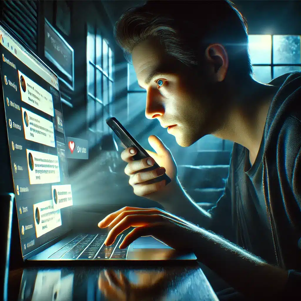 A hyper-realistic image of a person in a dim room, anxiously using a phone or laptop to navigate social media and messaging apps. Their face is illuminated by the screen, and they appear secretive, trying to hide their online activity.