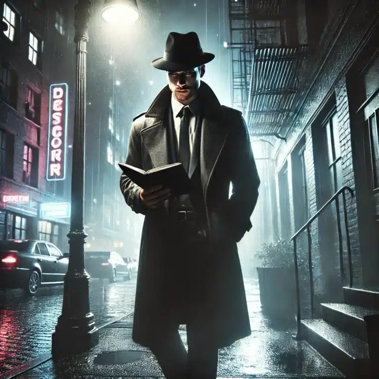 A private investigator in a noir-inspired scene stands under a dim streetlight in a rainy alleyway. He wears a dark trench coat and fedora, casting a shadow against the wet pavement, while neon signs from nearby buildings add a hint of color to the grayscale setting.