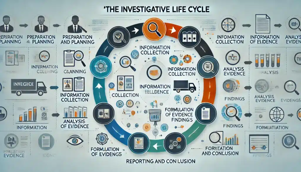nfographic illustrating the Investigative Life Cycle in professional investigations, showing stages including Preparation and Planning, Information Collection, Analysis of Evidence, Formulation of Findings, and Reporting and Conclusion.